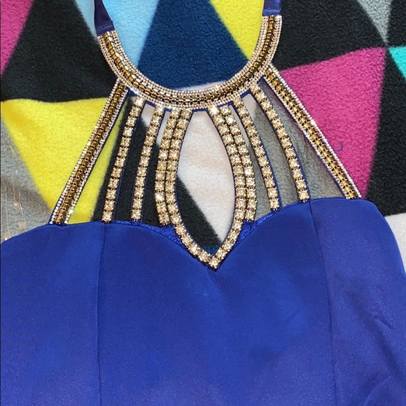 Royal Blue Halter Dress with Diamond Neckline - Picture 3 of 3